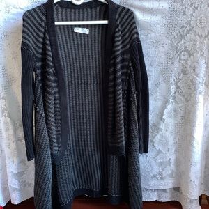 Beautiful long black and dark grey striped cardigan.